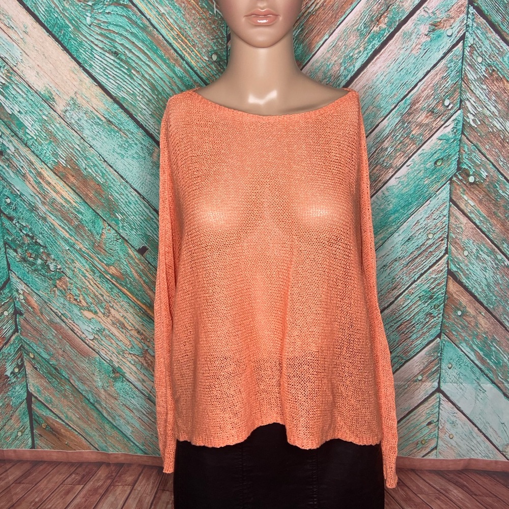 Eileen Fisher Orange Sherbet Sheer Linen Blend Open Weave Sweater - Picture 3 of 8